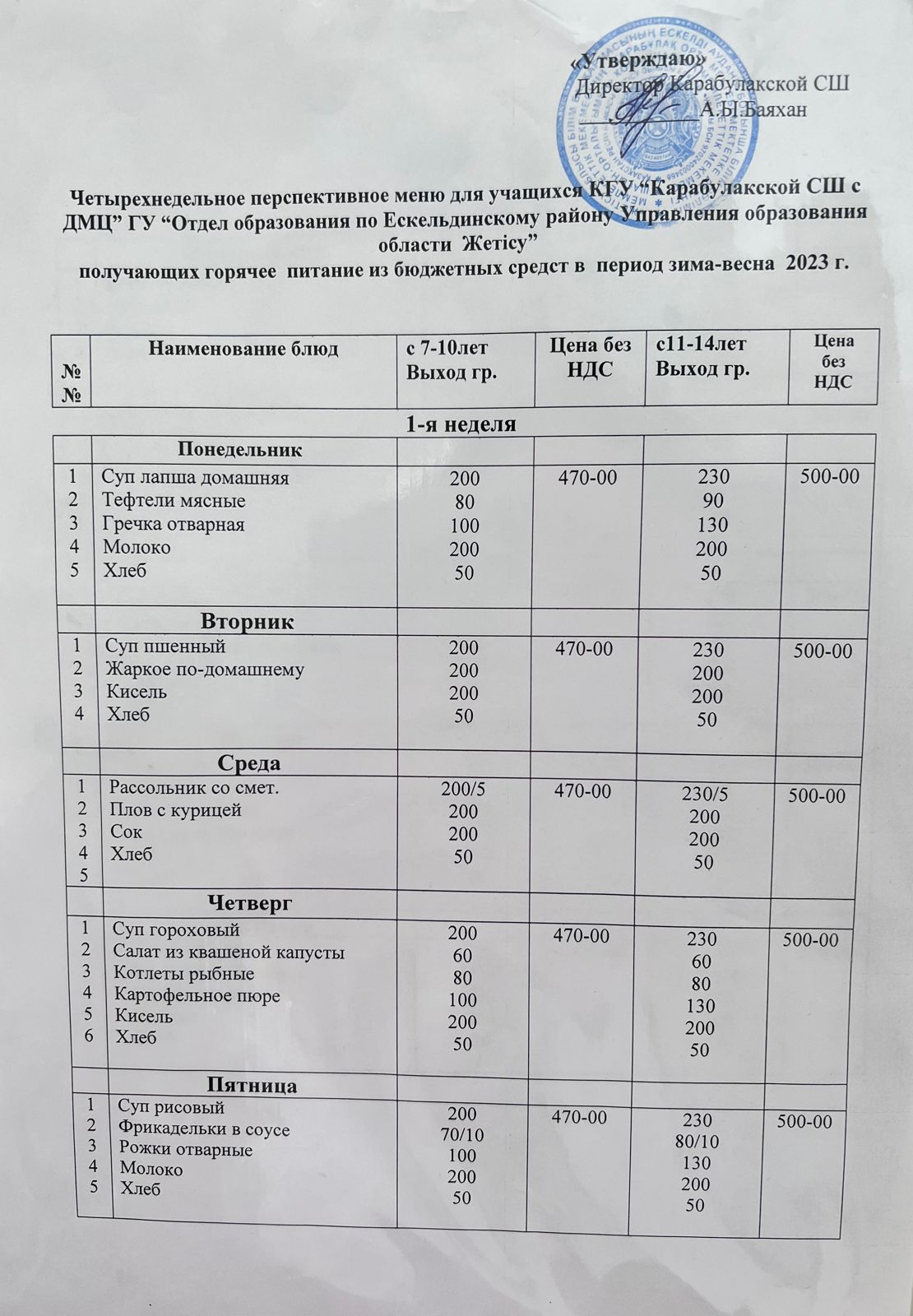 Апталық ас мәзірі (29.05.2023-31.05.2023)
